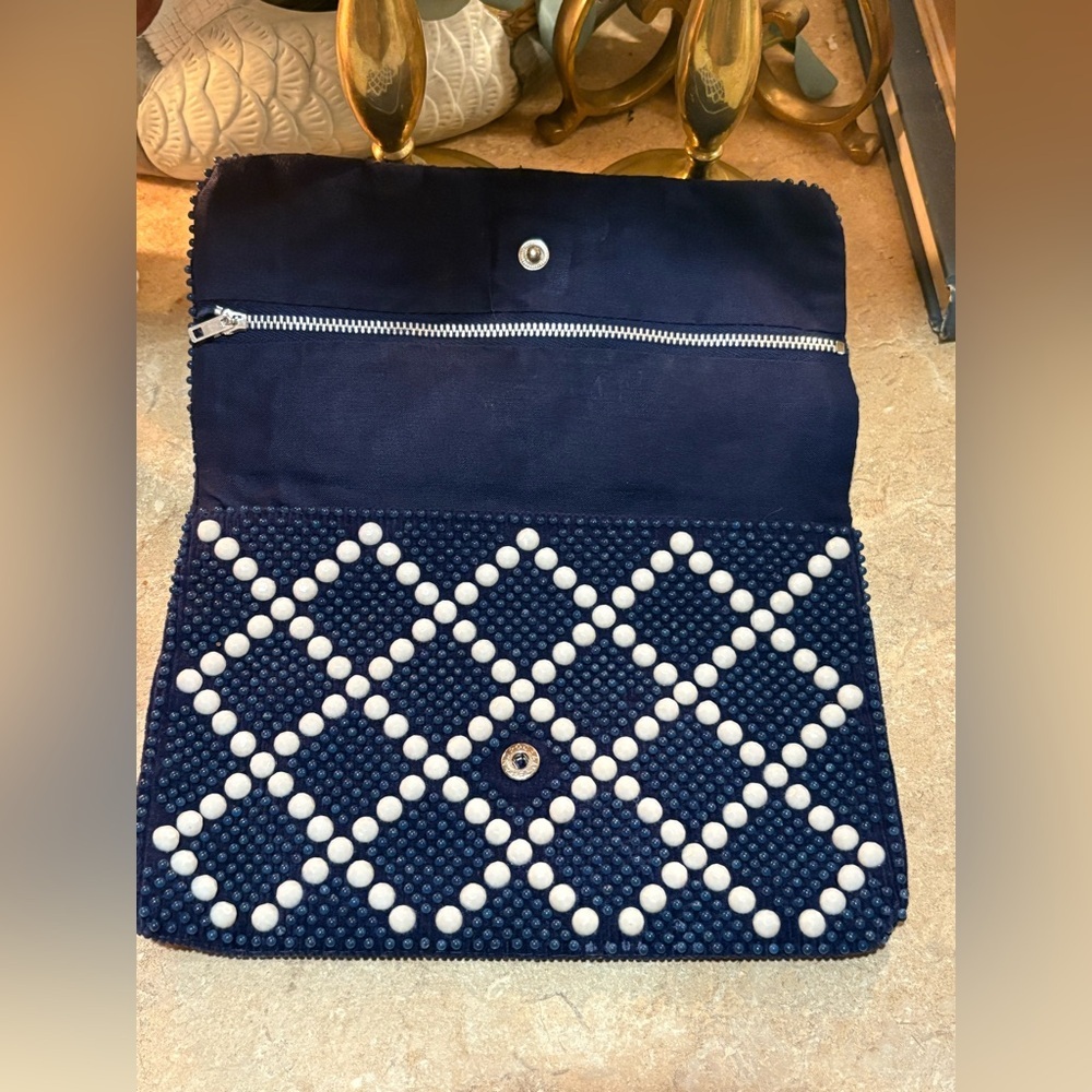 Mr. Jonas Vintage Navy and White Beaded Clutch made in Hong Kong. - Picture 5 of 12